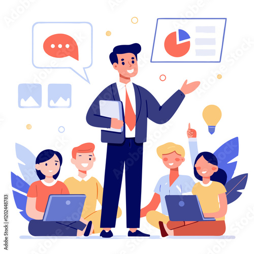A sales manager enthusiastically presents success stories and case studies to a group of attentive colleagues in a modern office. Charts and images enhance the discussion