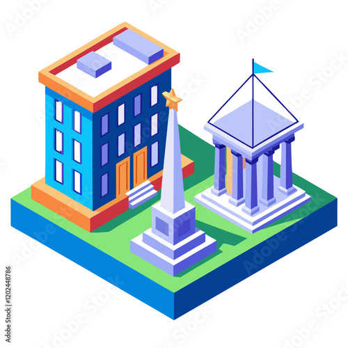 A scale model showcases a vibrant blue building alongside a white classic structure and a tall monument featuring a star on top. The green base enhances the architectural details