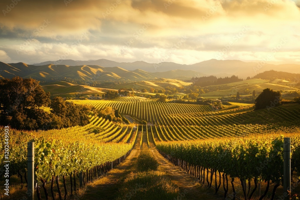 Fototapeta premium Golden sunlight bathes rolling vineyards, showcasing lush green