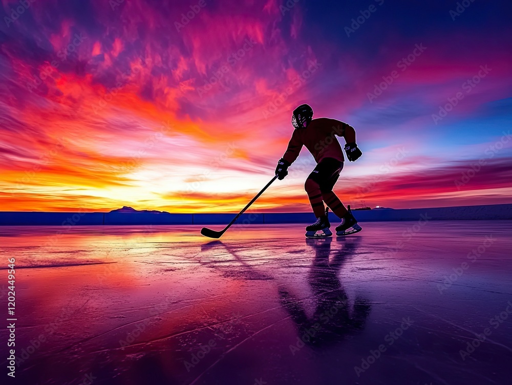 Naklejka premium Skater gliding gracefully on ice against a vibrant sunset backdrop