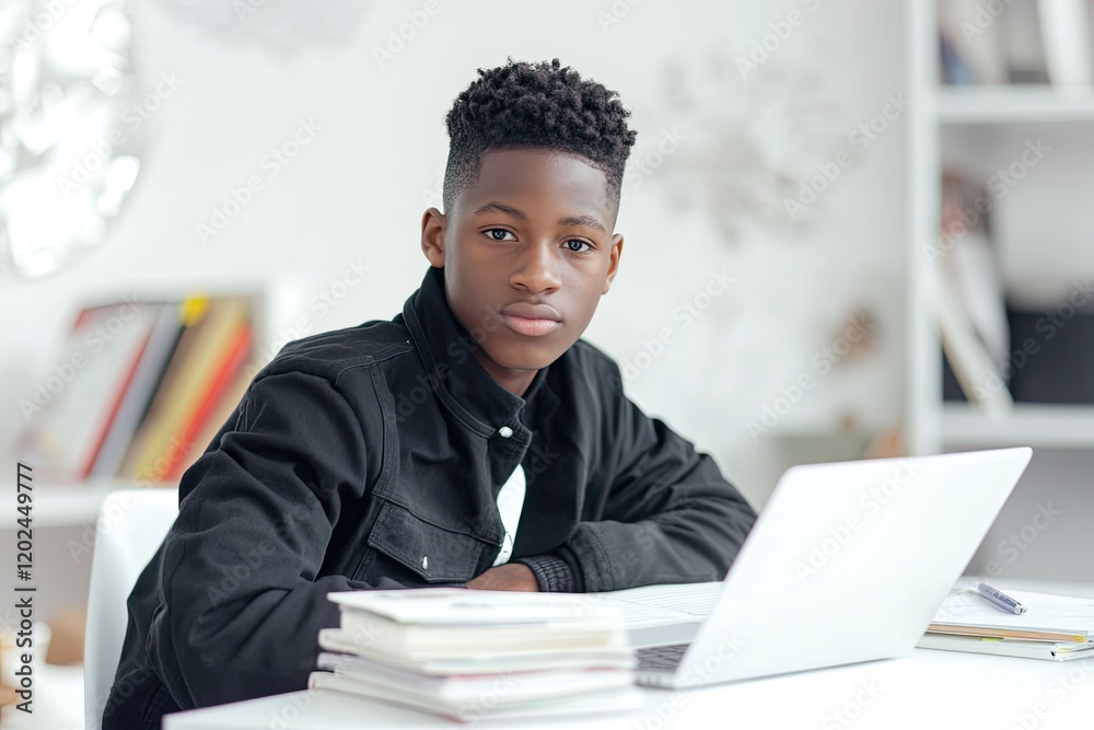 Focused young individual sits at desk with laptop, books around, Focused young individual sits at desk with laptop, books around,
