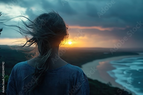 Serene landscape at dusk with figure gazing at vibrant sunset ov photo