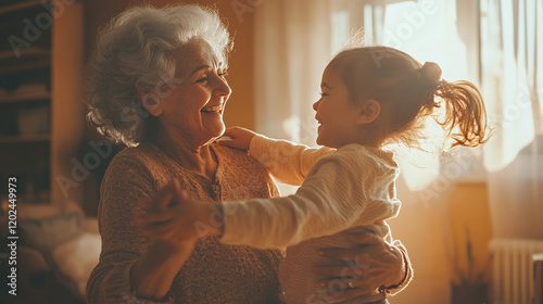 Beautiful grandmother and granddaughter together at home dancing and having fun - Cheerful grandma and nephew spending quality time together