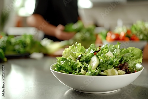 Fresh salad in white bowl showcases vibrant greens amidst kitche photo