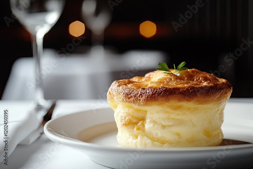 Delicate soufflé resting elegantly on white plate, garnished wit