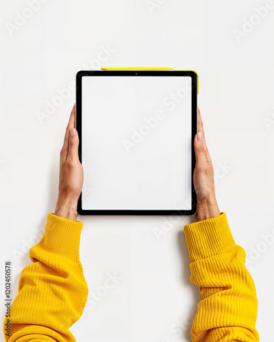 Bright yellow sweater contrasts with a blank tablet held in hands against a minimalist backdrop for creative expression