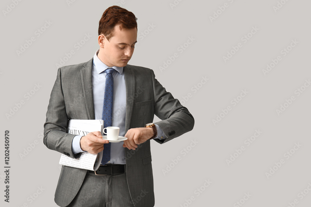 Handsome young man with cup of coffee and newspaper looking at watches on grey background Handsome young man with cup of coffee and newspaper looking at watches on grey background