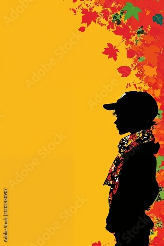 A person is standing in front of a yellow background with leaves. Illustration. Copy space