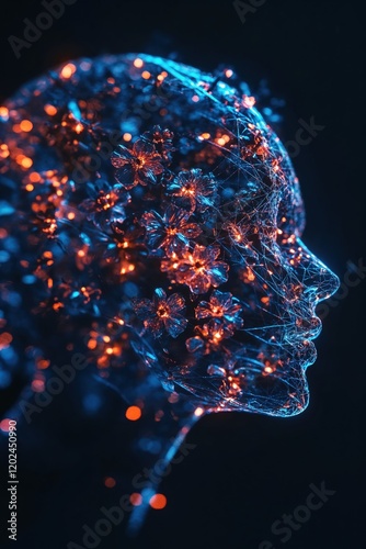A face made of lights and wires. Illustration. Double exposure