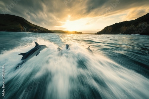 Dolphins swim gracefully through shimmering waters under dramati photo