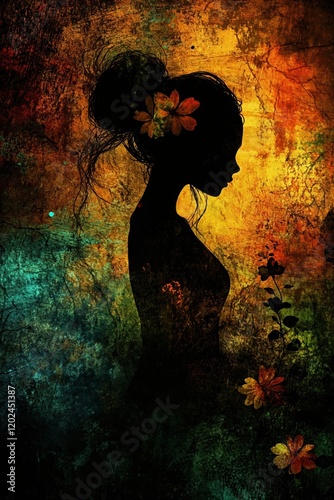 A woman with a flower in her hair is standing in front of a wall. Illustration