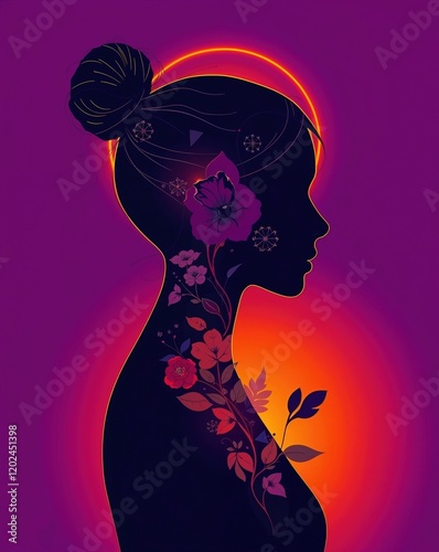 A woman with flowers on her body. Illustration