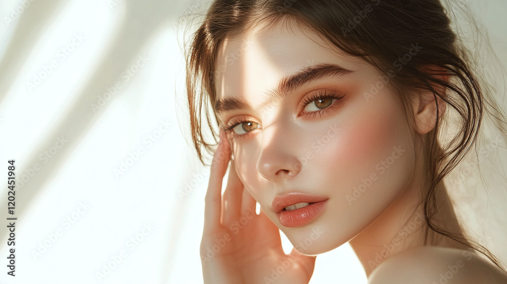 A beautiful woman with smooth skin, touches her face. A beautiful woman with smooth skin, touches her face.
