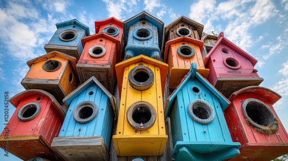 Fototapeta premium Stacked Colorful Birdhouses Against Blue Sky
