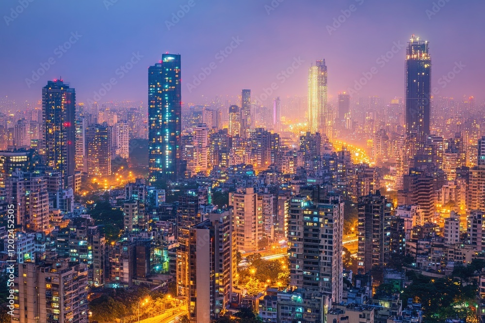 Vibrant cityscape illuminated at night, showcasing towering skys Vibrant cityscape illuminated at night, showcasing towering skys