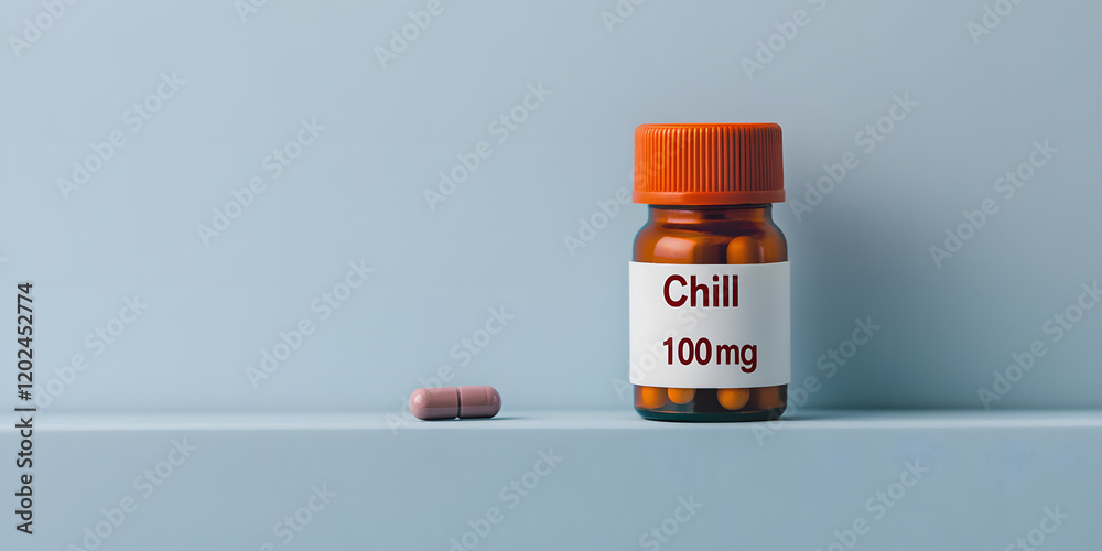 Pill bottle labeled 'Chill 100mg' and a single pill. Relaxation and wellness concept. Pill bottle labeled 'Chill 100mg' and a single pill. Relaxation and wellness concept.