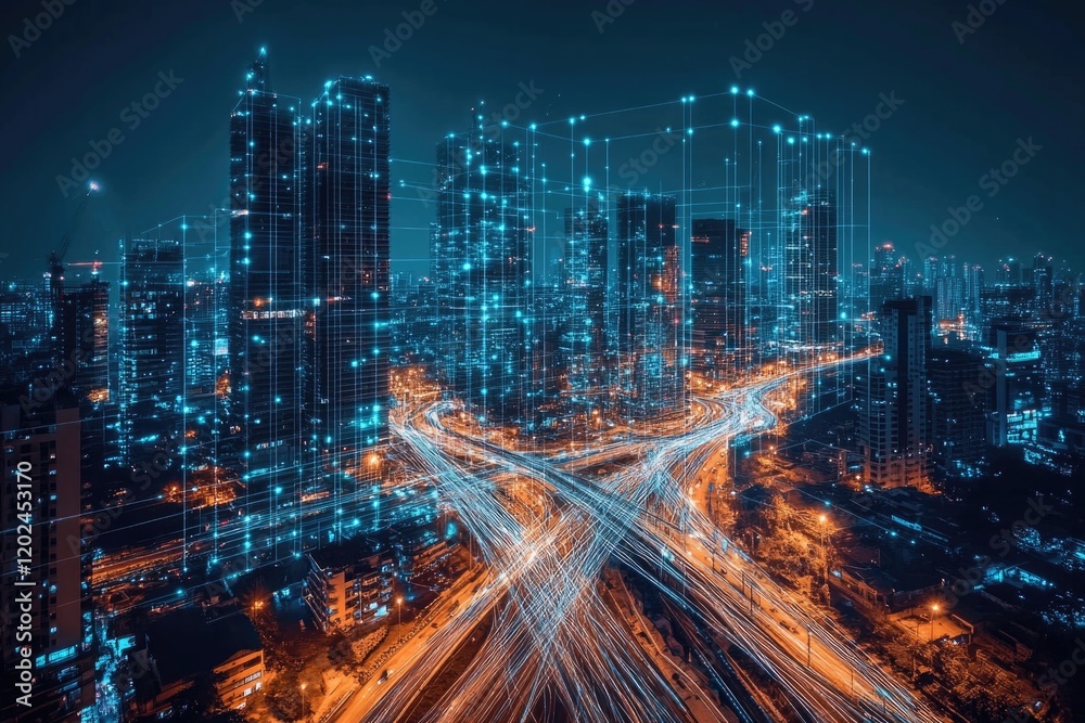 Fototapeta premium Neon cityscape illuminated by vibrant lights, showcasing dynamic