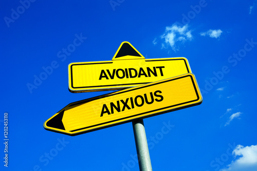 Avoidant vs Anxious  - Traffic sign with two options - difference and comparison between attachment styles. Love relationship and dynamics between partners. Toxic and unhealthy romantic partnership.