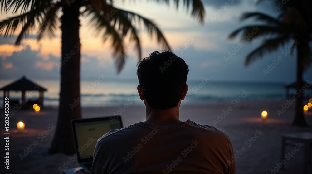 a man working remotely on a laptop by the beach with palm trees and a beautiful ocean view a man working remotely on a laptop by the beach with palm trees and a beautiful ocean view