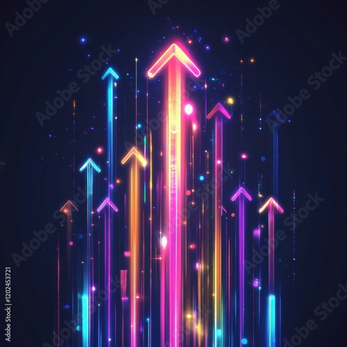 Colorful neon arrows pointing upward in a vibrant abstract design with glowing effects and dynamic motion elements. Generative AI