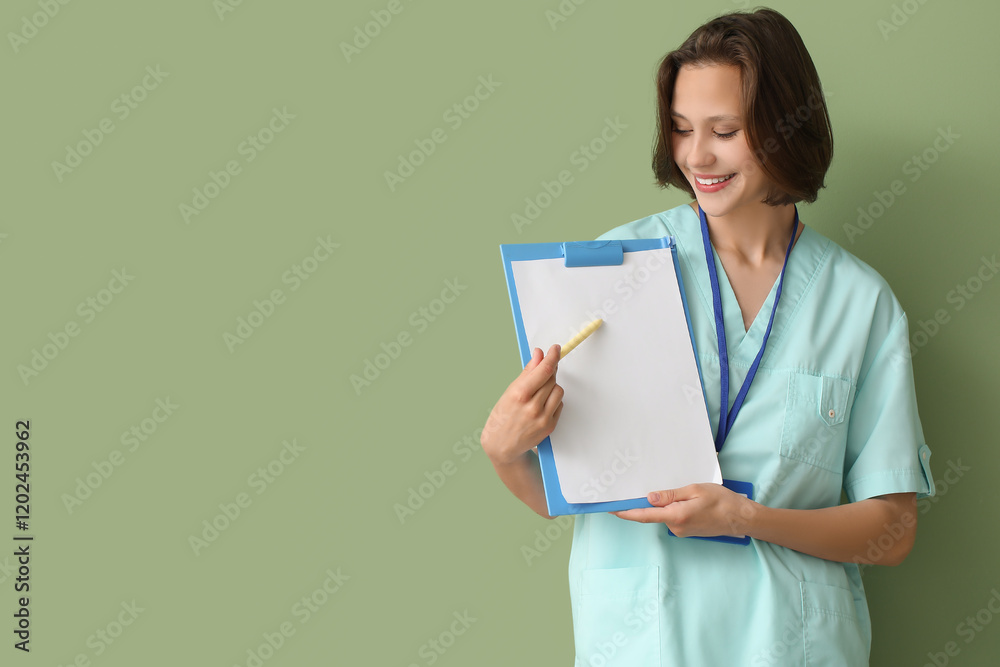 Beautiful female doctor with clipboard on green background Beautiful female doctor with clipboard on green background