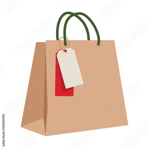 Paper shopping bag with handles. Eco-friendly biodegradable kraft package with tag, label. Plastic-free craft pack.