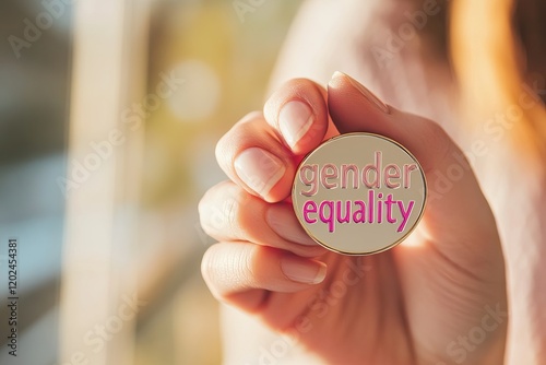 Hand holds badge showcasing message of gender equality in vibran photo