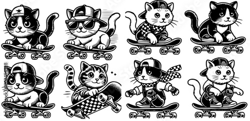 Eight vector illustrations of funny cats riding on a skateboard