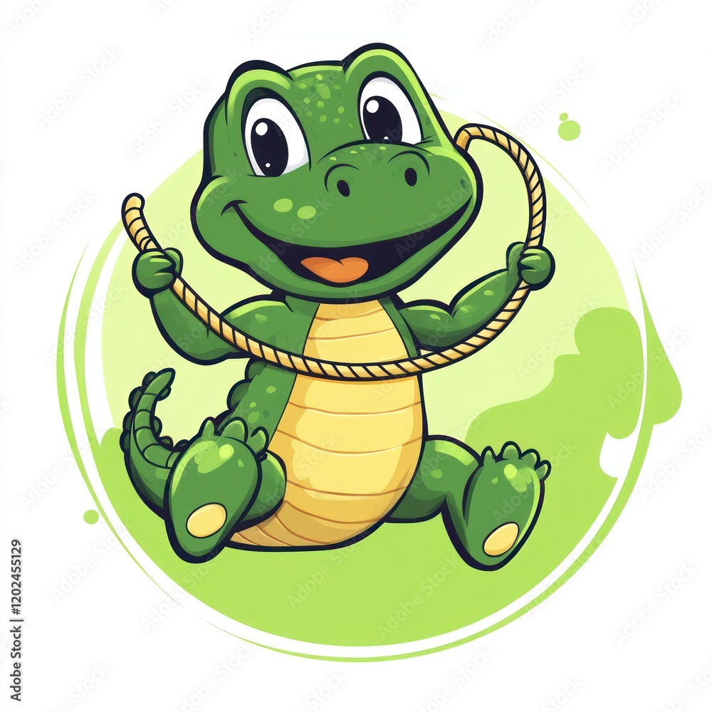 Fototapeta premium Happy crocodile playing jump rope on green background, kids illustration