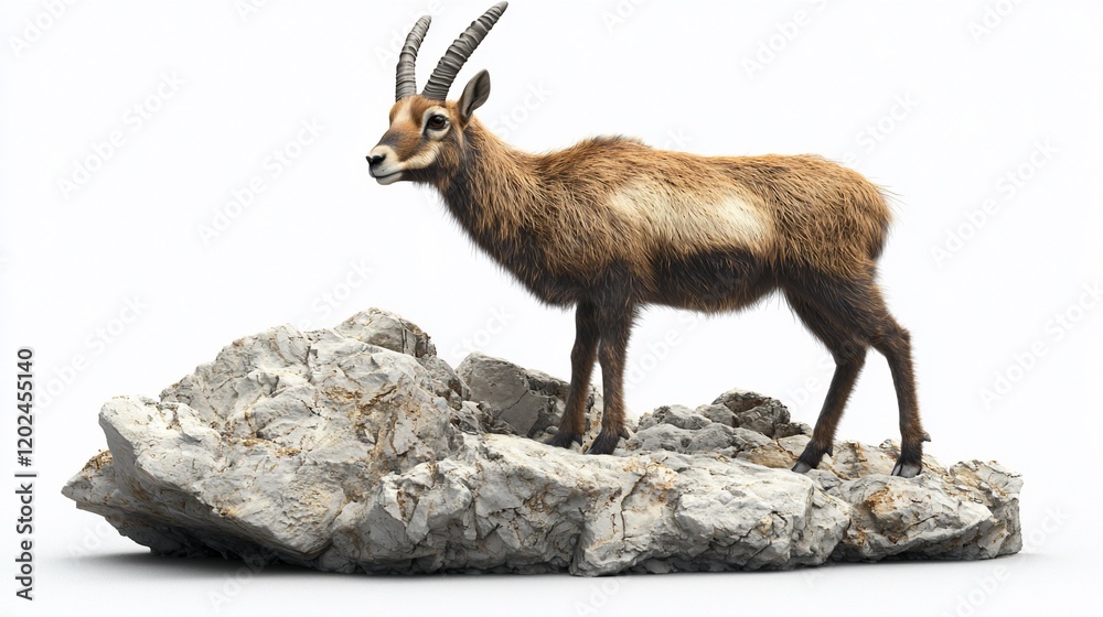 Fototapeta premium A brown Himalayan goral standing on rocks against a white background.