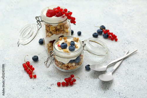 Jars of tasty granola with ...