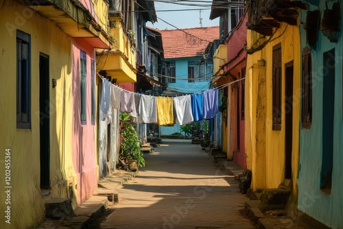 Charming alleyway adorned with colorful houses and vibrant laund photo