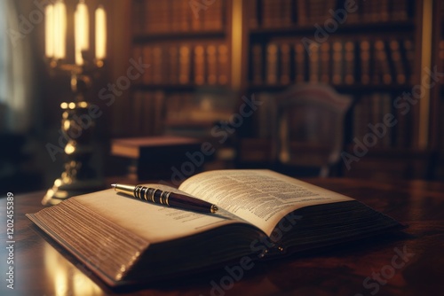 Open book rests on polished wood table, illuminated by soft cand photo