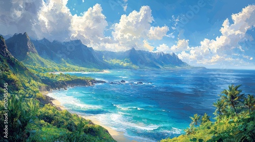 Surreal capture of the windward coast of Oahu: dreamlike landscapes, vibrant colors, and ethereal skies blends with lush green mountains and turquoise waters. Windshard. Illustration