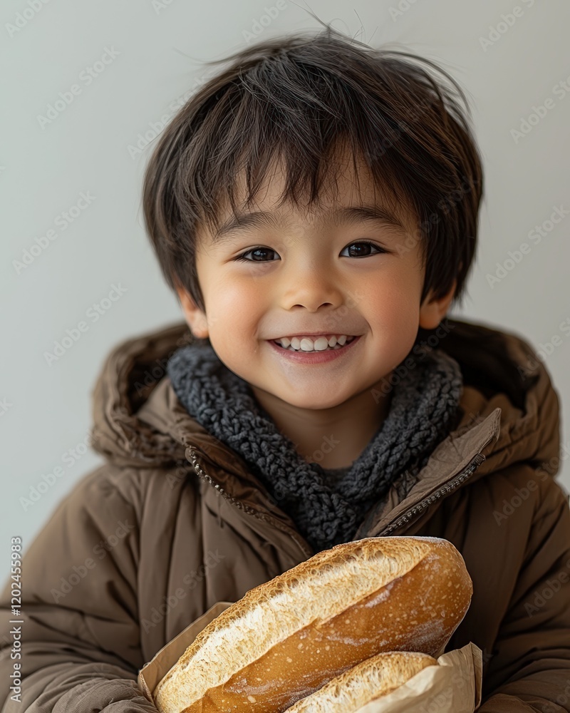 Grocery Shopping: Asian Child in a Brown Jacket Holding Two Freshly Baked Loaves of Bread in a Paper Bag Grocery Shopping: Asian Child in a Brown Jacket Holding Two Freshly Baked Loaves of Bread in a Paper Bag