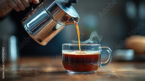 Pouring hot coffee kitchen breakfast steam photo