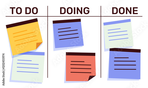 Task management, kanban board for planning and tracking work process. Doing, done, columns with notes for business.