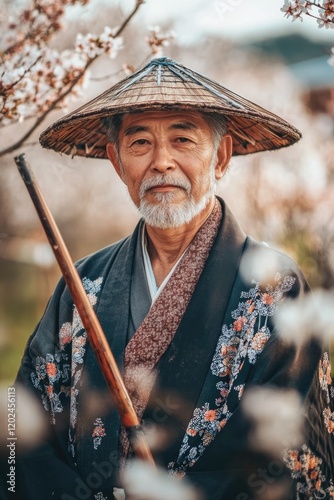 Elderly man in traditional attire stands amidst blossoming cherr photo