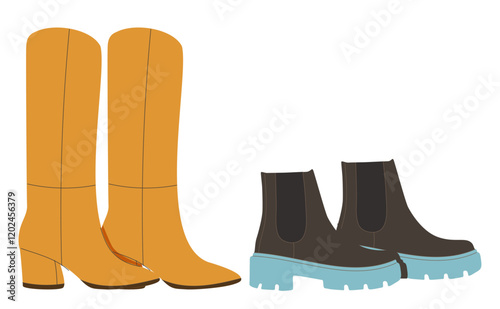 Two pair of colorful autumn shoes hand drawn in watercolor style isolated on white. Cartoon boots front view vector.
