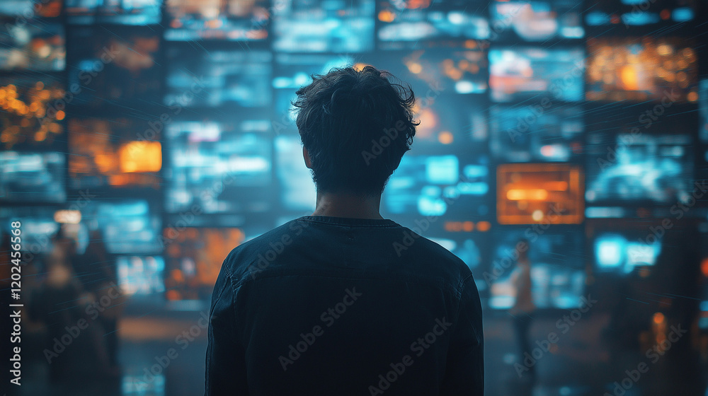 Back View Of Caucasian Man Looking at 3D Cyberspace With Animated Social Media Interfaces, Online Video Games Back View Of Caucasian Man Looking at 3D Cyberspace With Animated Social Media Interfaces, Online Video Games