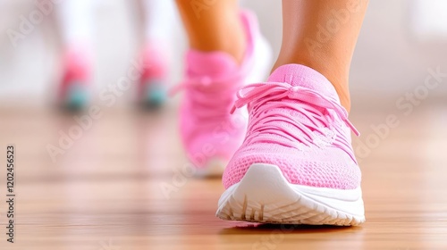 Woman's feet in pink running shoes, indoor workout, blurred background, fitness lifestyle