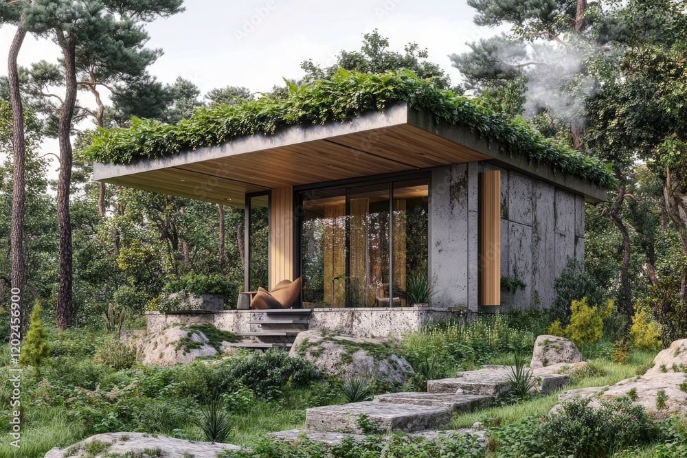Modern house blends with nature, featuring green roof and wooden Modern house blends with nature, featuring green roof and wooden