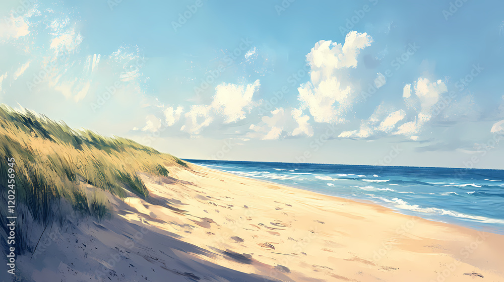 A serene beach scene featuring soft sand and calm turquoise waters under a bright blue sky, evoking a tranquil coastal atmosphere. Tranquil Beach Horizon. Illustration A serene beach scene featuring soft sand and calm turquoise waters under a bright blue sky, evoking a tranquil coastal atmosphere. Tranquil Beach Horizon. Illustration