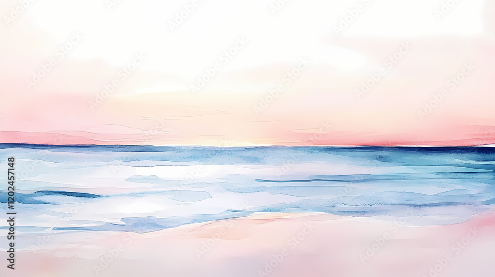 A soft watercolor painting of a calm beach at sunset, with pastel colors blending into the horizon. Tranquil Beach Horizon. Illustration A soft watercolor painting of a calm beach at sunset, with pastel colors blending into the horizon. Tranquil Beach Horizon. Illustration