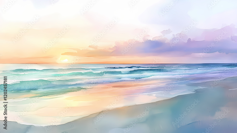A soft watercolor painting of a calm beach at sunset, with pastel colors blending into the horizon. Tranquil Beach Horizon. Illustration A soft watercolor painting of a calm beach at sunset, with pastel colors blending into the horizon. Tranquil Beach Horizon. Illustration