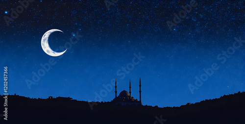 Crescent Moon Over Mosque at Night photo