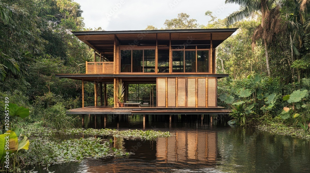 Modern wooden house harmoniously blending with lush greenery and