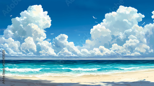 Breathtaking panoramic view of a tropical beach with crystal clear turquoise waters,pristine white sands,and a vibrant blue sky filled with fluffy white clouds. Tranquil Beach Horizon. Illustration photo