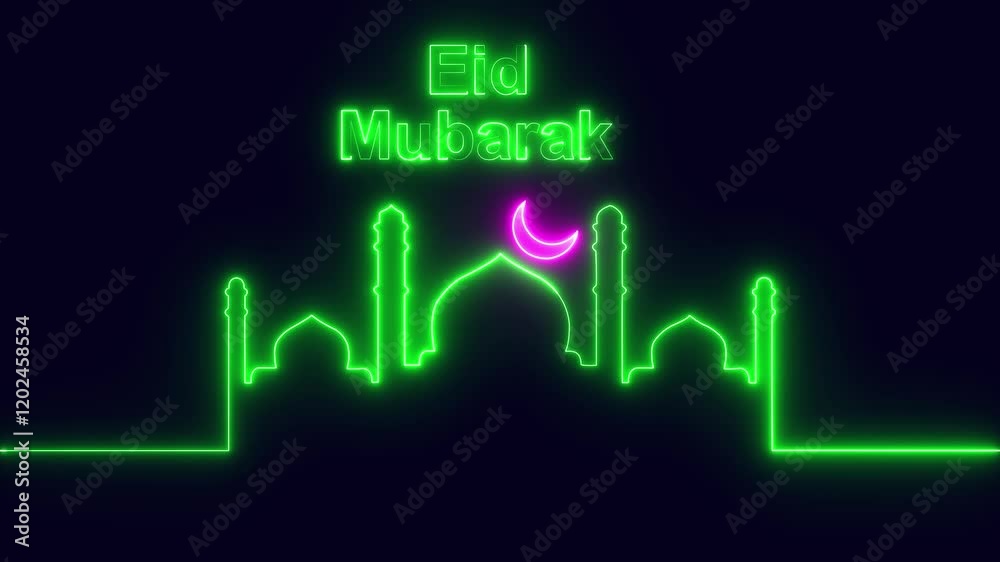 Eid mubarak islamic festival Greetings Video ramadan eid mubarak lettering handwriting with mosque silhouette and stars in the sky background mosque with moon