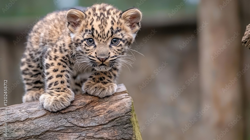 Fototapeta premium Amur leopard cub on log, zoo enclosure, blurry background, wildlife conservation